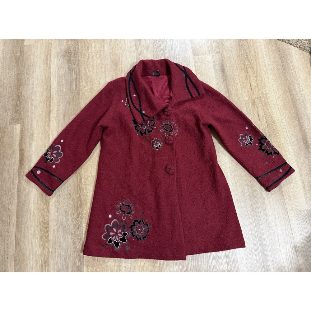 Covelo Women’s Burgundy Black Embroidered Wool Silk Coat Fall Winter No Size